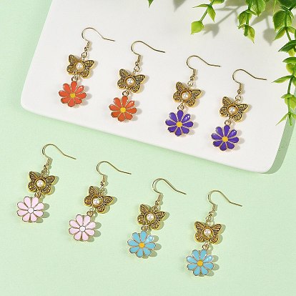 Alloy Enamel & Shell Pearl Dangle & Drop Earrings, Butterfly with Flower, 304 Stainless Steel Dangle Earrings for Women, Antique Golden
