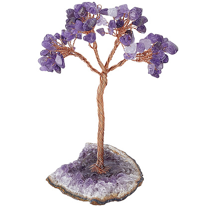1Pc Natural Amethyst Chips Tree of Life Display Decorations, Gemstone Base with Copper Wire, Healing Stone Tree, for Reiki Healing Crystals Chakra Balancing