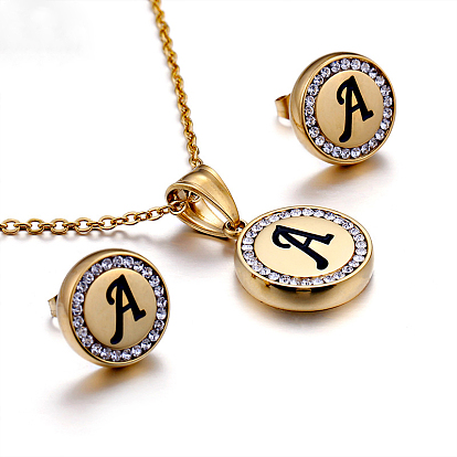 Плоский круглый с буквенным узором 304 ожерелье с подвеской из нержавеющей стали и серьгами-гвоздиками, золотые