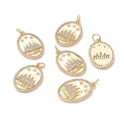 Pendentifs en laiton zircon cubique transparent, avec anneau de saut, plaqué longue durée, sans plomb et sans cadmium et sans nickel, ovale avec mot reine et couronne