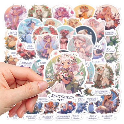 50Pcs Waterproof PVC Month Fairy Stickers Set, Adhesive Label Stickers, for Water Bottles, Laptop, Luggage, Cup, Computer, Mobile Phone, Skateboard, Guitar Stickers