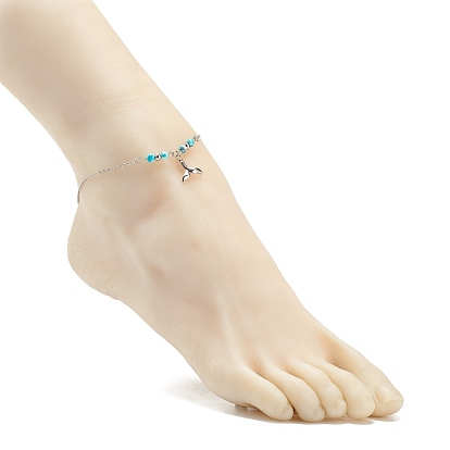 304 Stainless Steel Whale Tail Charm Anklet with Round Natural White Jade Beads for Women