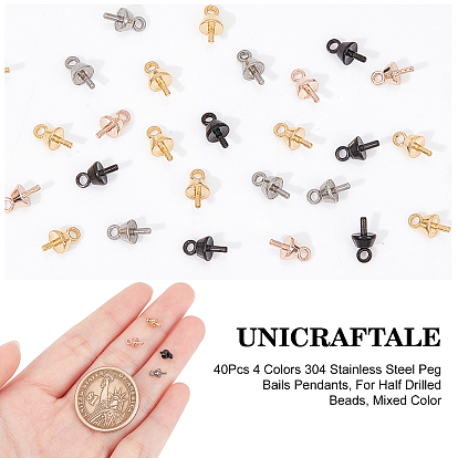 Unicraftale 40Pcs 4 Colors 304 Stainless Steel Peg Bails Pendants, for Half Drilled Beads