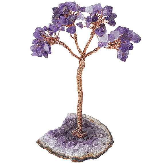 1Pc Natural Amethyst Chips Tree of Life Display Decorations, Gemstone Base with Copper Wire, Healing Stone Tree, for Reiki Healing Crystals Chakra Balancing