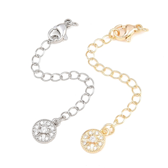 Brass Curb Chain Extender, End Chains with Lobster Claw Clasps and Flat Round Cubic Zirconia Charms