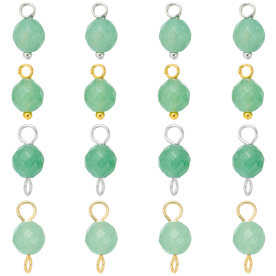 16Pcs 4 Style Round Natural Green Aventurine Pendants & Connector Charms, with Brass Findings, Mixed Color