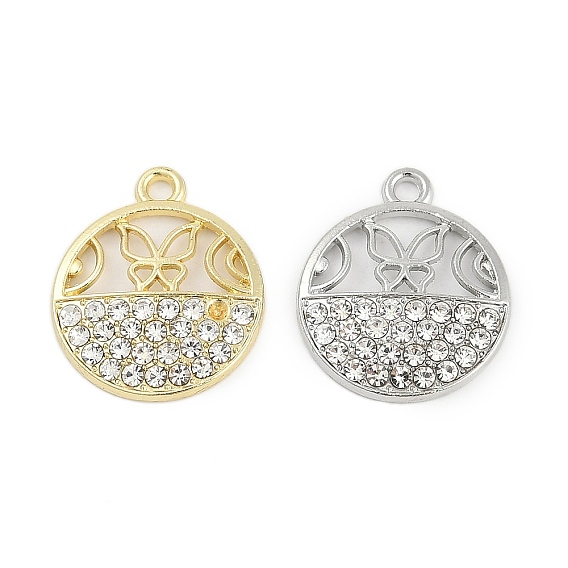 Подвески из сплава со стразами Micro Pave, плоско-круглые, полый бабочки