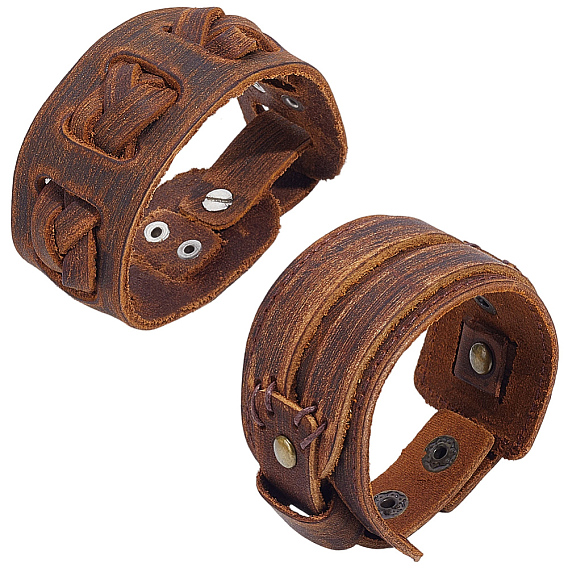 2шт. 2 стили браслетов из широкого шнура из коровьей кожи, со сплавочной фурнитурой