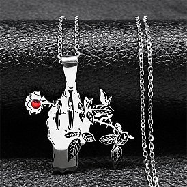 304 Stainless Steel Pendant Necklaces, Rose with Hand