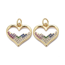 Brass Micro Pave Colorful Cubic Zirconia Pendants, Long-Lasting Plated, with Jump Rings, Heart