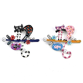 Cartoon Cat and Fish Tank Enamel Pins, Zinc Alloy Crystal Rhinestone Brooch, with Plastic Pearls