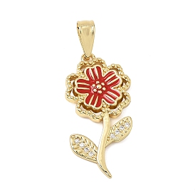 Brass Enamel & Clear Cubic Zirconia Pendants, Rack Plating, Long-Lasting Plated, Cadmium Free & Lead Free, Flower Charms