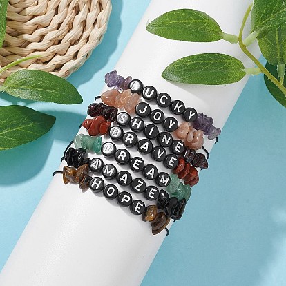 Natural Gemstone Chip Braided Bead Bracelets, Acrylic Word Bead Adjustable Bracelets for Women
