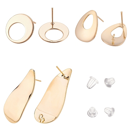 18Pcs 3 Style Brass Stud Earring Findings, with Loop, with 40Pcs Plastic Ear Nuts, Twist Teardrop & Flat Round