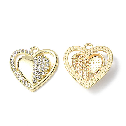 Rack Plating Alloy Rhinestone Pendants, Lead Free & Cadmium Free & Nickel Free, Heart Charms, Light Gold