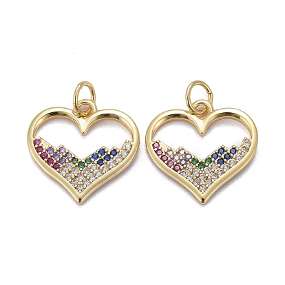 Brass Micro Pave Colorful Cubic Zirconia Pendants, Long-Lasting Plated, with Jump Rings, Heart
