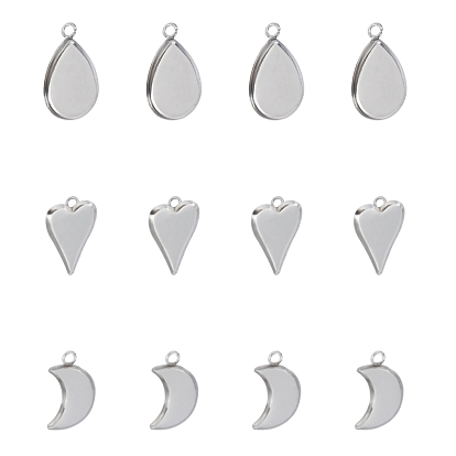 304 Stainless Steel Pendant Cabochon Settings, Plain Edge Bezel Cups, Teardrop & Heart & Moon
