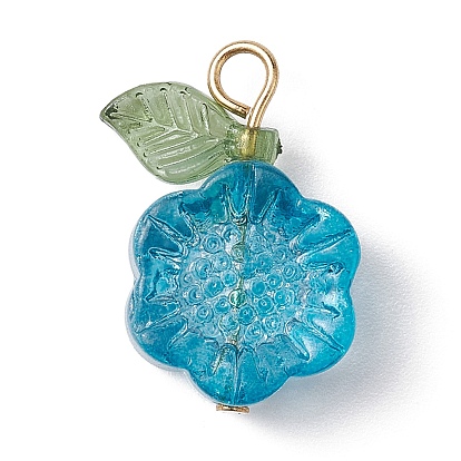 Transparent Glass Flower with Acrylic Leaf Pendant, with 304 Stainless Steel Loops