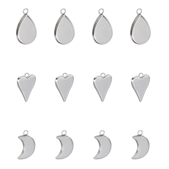 304 Stainless Steel Pendant Cabochon Settings, Plain Edge Bezel Cups, Teardrop & Heart & Moon