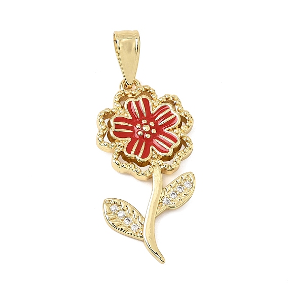 Brass Enamel & Clear Cubic Zirconia Pendants, Rack Plating, Long-Lasting Plated, Cadmium Free & Lead Free, Flower Charms