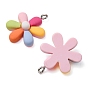 Opaque Resin Pendants, Rainbow Color Flower Charm, with Platinum Tone Metal Loops