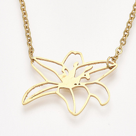 201 Stainless Steel Pendant Necklaces, with Cable Chains, Flower