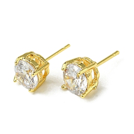 Brass with Cubic Zirconia Stud Earrings, Flat Round