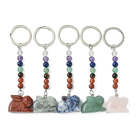 Rabbit Natural Gemstone Keychain, with 7 Chakra Beads and Iron Key Rings, for Women Men Hanging Car Bag Charms