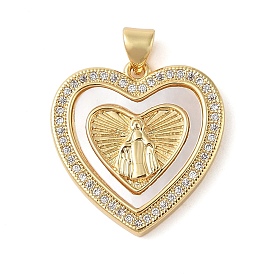 Brass & Shell & Clear Cubic Zirconia Pendants, Heart with Virgin Mary Pattern