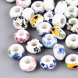 Printed Handmade Porcelain European Beads, Famille Rose Porcelain, Rondelle with Flower Pattern, Large Hole Beads