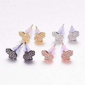 Brass Micro Pave Cubic Zirconia Stud Earrings, Hamsa Hand/Hand of Fatima/Hand of Miriam