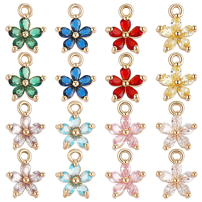 16 шт 8 цвета кулоны из латуни, микропаве, циркония, цветочный шарм, золотой свет