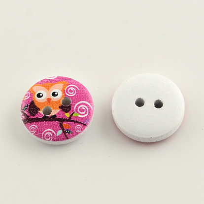 2-Hole Owl Pattern Printed Wooden Buttons, Flat Round, Mixed Color, 15x4mm, Hole: 2mm