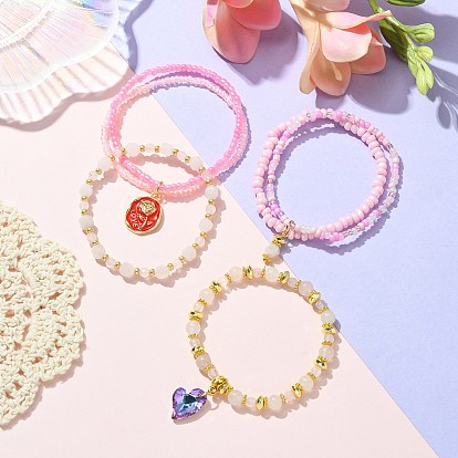 4Pcs 4 Style Natural Rose Quartz & Glass Beaded Stretch Bracelets Set, Heart & Alloy Rose Love Charms Stackable Bracelet for Women