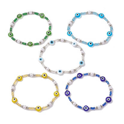 Эластичный браслет с лэмпворком и стеклянными бусинами от сглаза