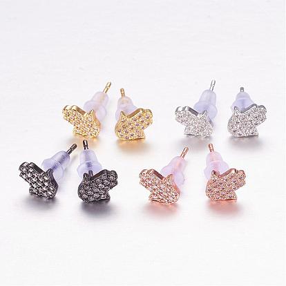 Brass Micro Pave Cubic Zirconia Stud Earrings, Hamsa Hand/Hand of Fatima/Hand of Miriam