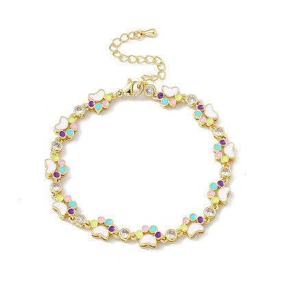 Brass Micro Pave Cubic Zirconia Chain Bracelets, Enamel Style Colorful Dog Paw Print Chain Link Bracelet for Women, with Chain Extender & Lobster Claw Clasp