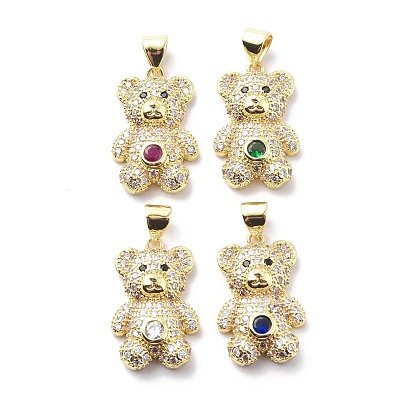 Brass Cubic Zirconia Pendants, Cadmium Free & Lead Free, Bear Charms, Real 18K Gold Plated
