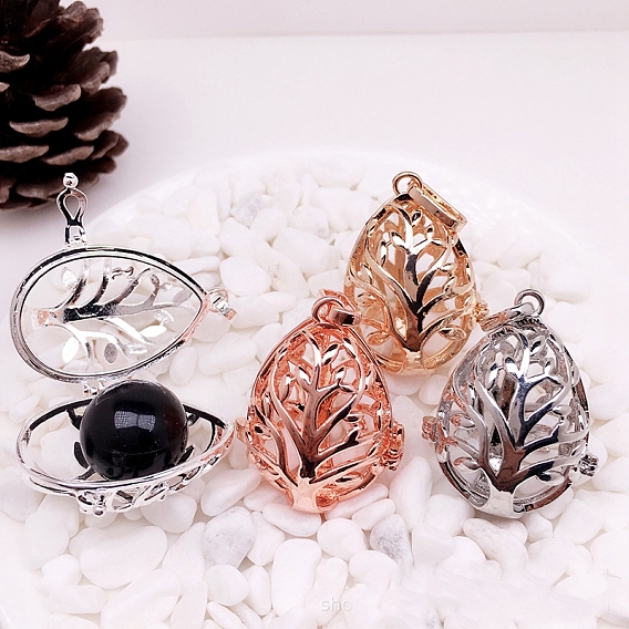 Brass Bead Cage Pendants, for Chime Ball Pendant Necklaces Making, Hollow, Teardrop with Tree Charm