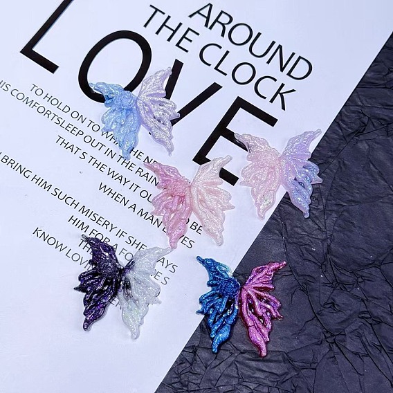 Кабошоны из светящейся непрозрачной смолы, крыло бабочки с розой, с блеском порошок, светится в темноте