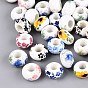 Printed Handmade Porcelain European Beads, Famille Rose Porcelain, Rondelle with Flower Pattern, Large Hole Beads