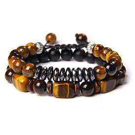 Tiger Eye Stone Men's Bracelet Set with Black Onyx and Braided Combination Beads
