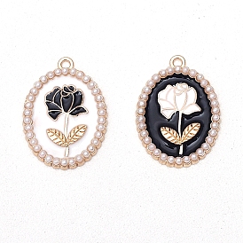 Light Gold Tone Alloy Enamel Pendants, with Plastic Imitation Pearls, Oval with Rose Charm