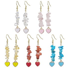 5 paires 5 styles boucles d'oreilles pendantes en pierres précieuses naturelles et synthétiques mélangées, boucles d'oreilles longues en alliage de coeur