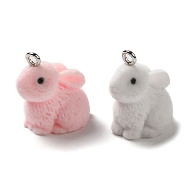 Opaque Resin Pendants, Flocky Rabbit Charms with Platinum Plated Iron Loops