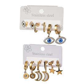 3 комплекты из двух сережек-колец и сережек-гвоздиков из нержавеющей стали с эмалью, со стразами, золотые