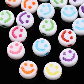 Opaque Craft Acrylic Beads, Flat Round with Smiling Face