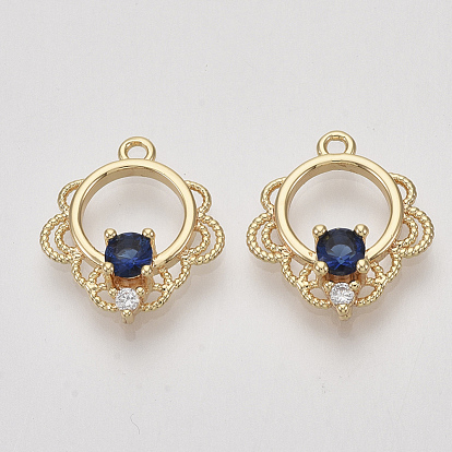 Brass Micro Pave Cubic Zirconia Pendants, Ring, Blue & Clear, Nickel Free