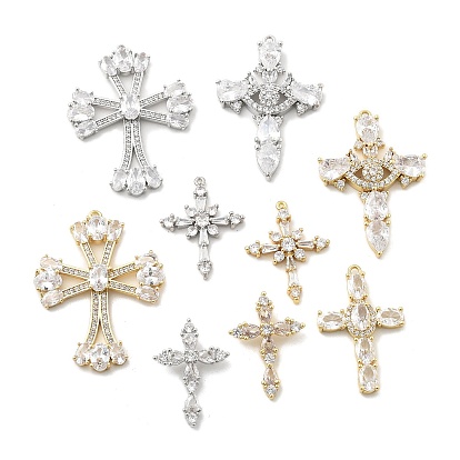 Латунные микропаве прозрачные подвески с фианитом, крестик, стойки покрытие, долговечный, без свинца и без кадмия