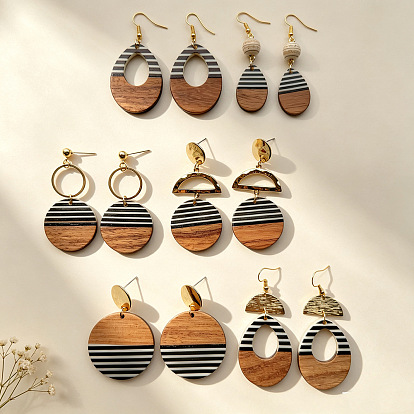 Alloy Dangle Earrings, Resin & Wood Dangle Earrings, Golden